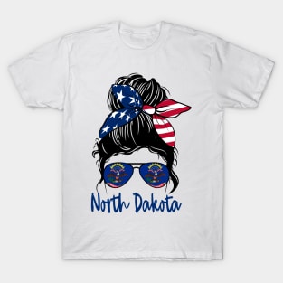 North Dakota girl Messy bun , American Girl , North Dakota Flag T-Shirt